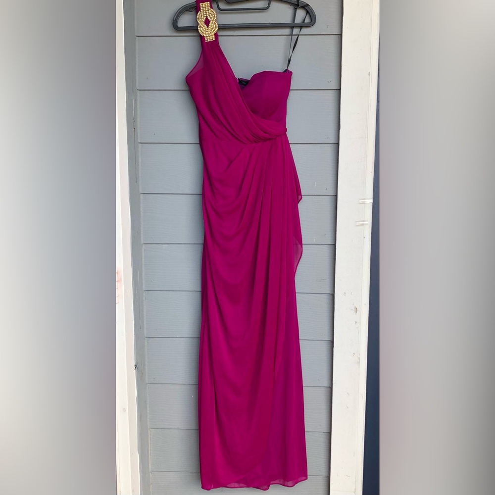 Xscape Elegant Evening Prom Gown Plum Color Size 4 Dress Gold Embellishment. - Picture 4 of 11